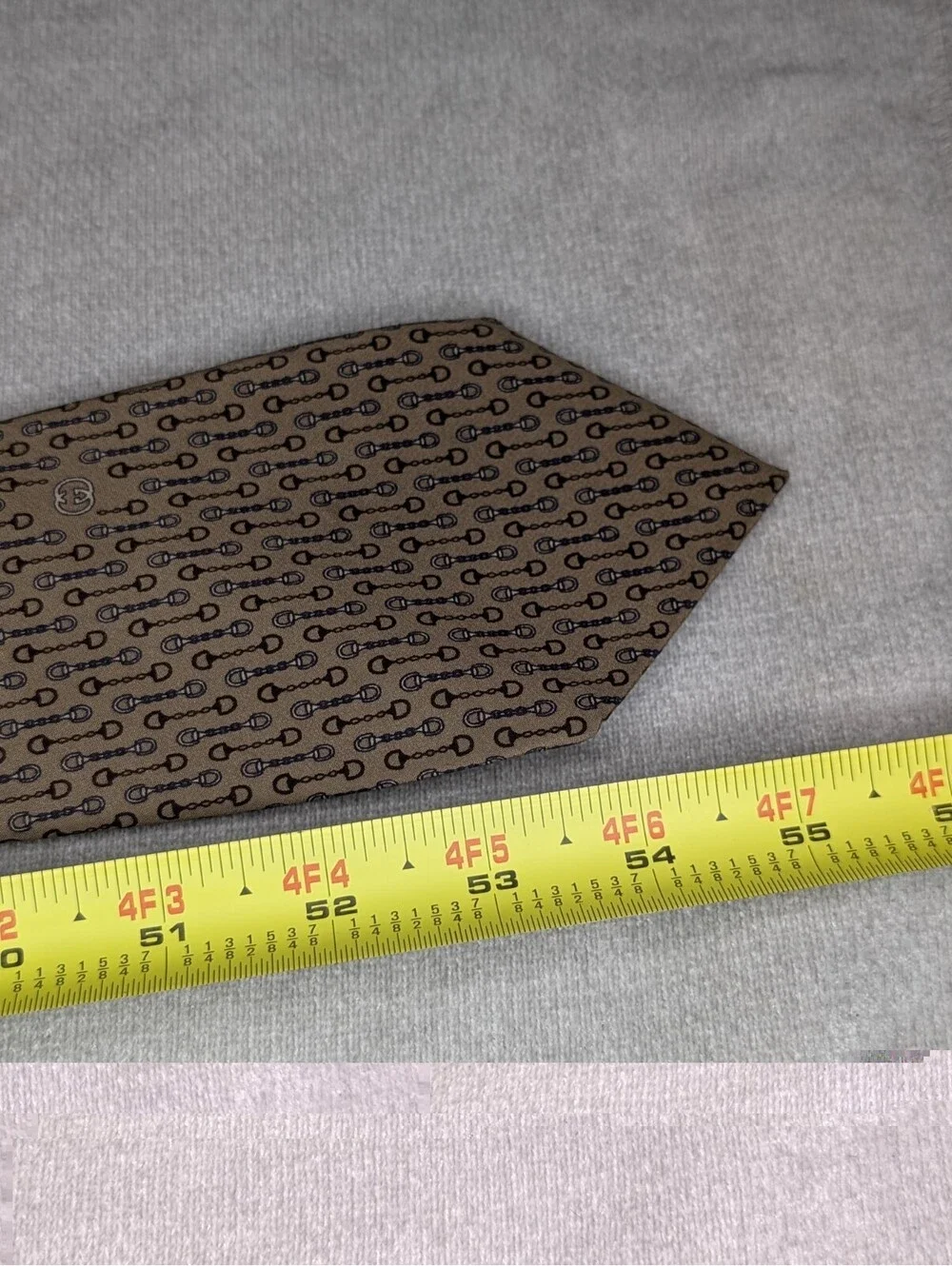 Vtg Gucci Silk Tie Horsebit Chain Link GG Logo Tan Blue Cream Made in Italy 80s